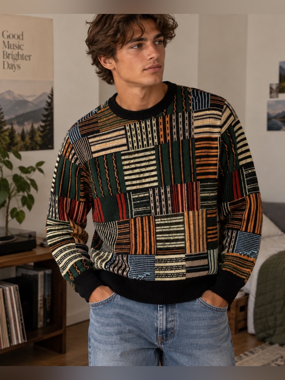 PacSun Men’s Small Multicolor Geometric Patchwork Knit Crewneck Sweater